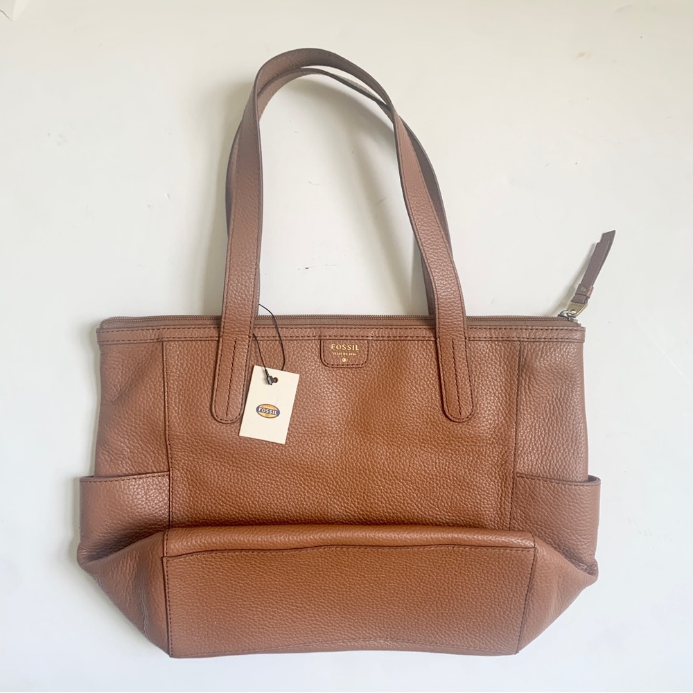 NWT Fossil Brown Leather Tote Shoulder Mimi Shopper Bag Medium Camel Pebbled